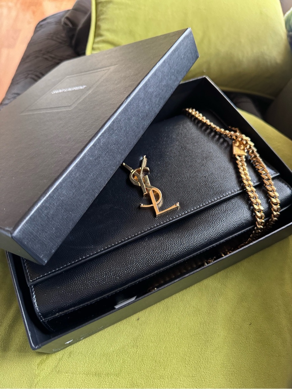Saint Laurent Medium Kate Black Leather with Gold YSL Chain shower bag .